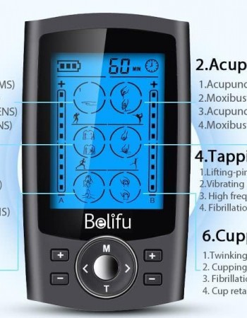 Belifu Dual Channel TENS EMS Unit with 12 Pads, 24 Modes Muscle Stimulator, Electronic Pulse Massager Muscle Massager for Pain Relief Therapy, Fastening Cable Ties, Dust-Proof Drawstring Storage Bag